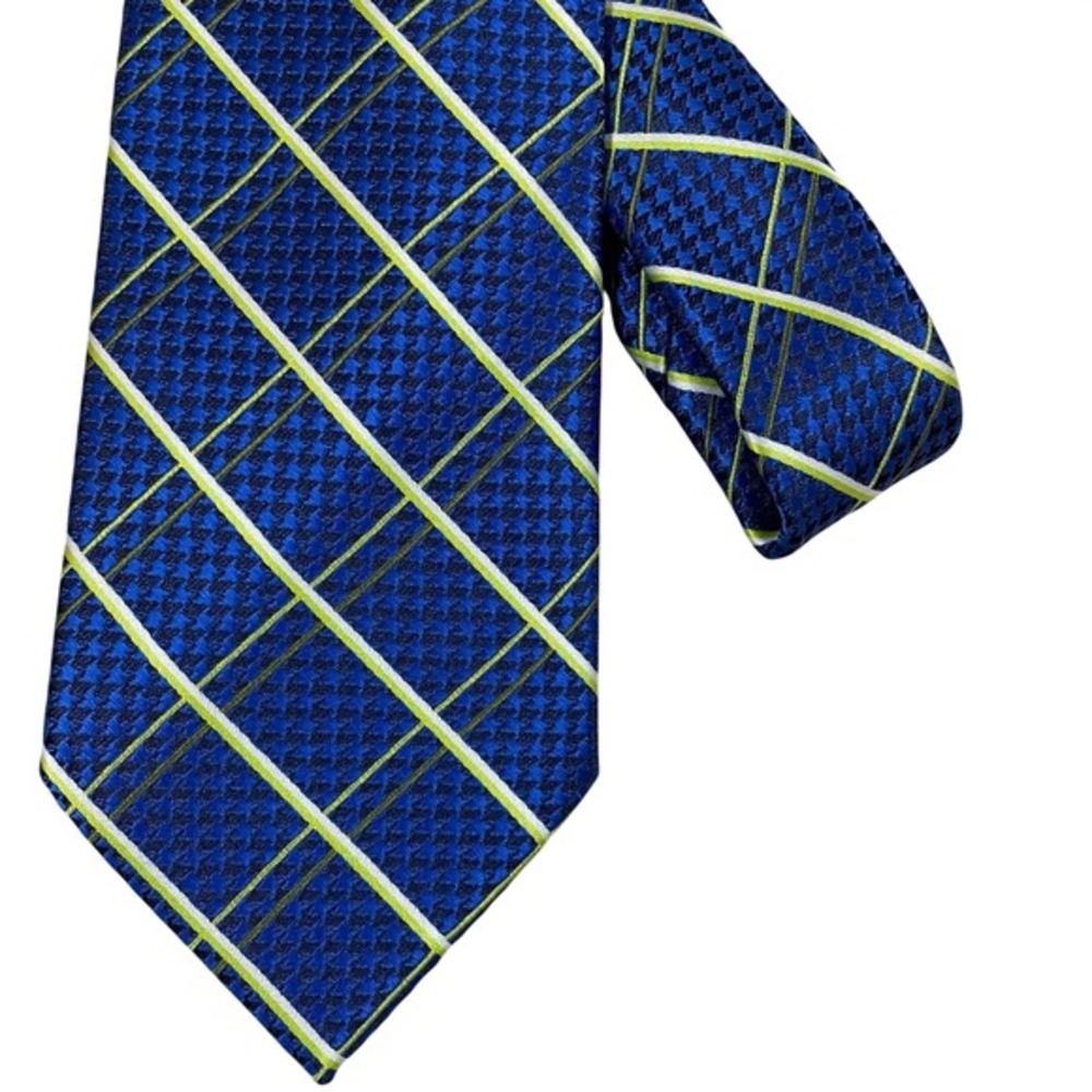 Stacy Adams Mens Blue Plaid Geometric Necktie Lime Green White Polyester Tie